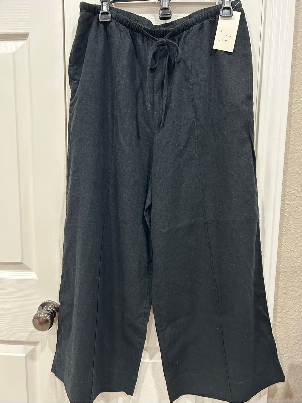 a new day Black Wide-Leg Linen Blend Drawstring Pants NWT